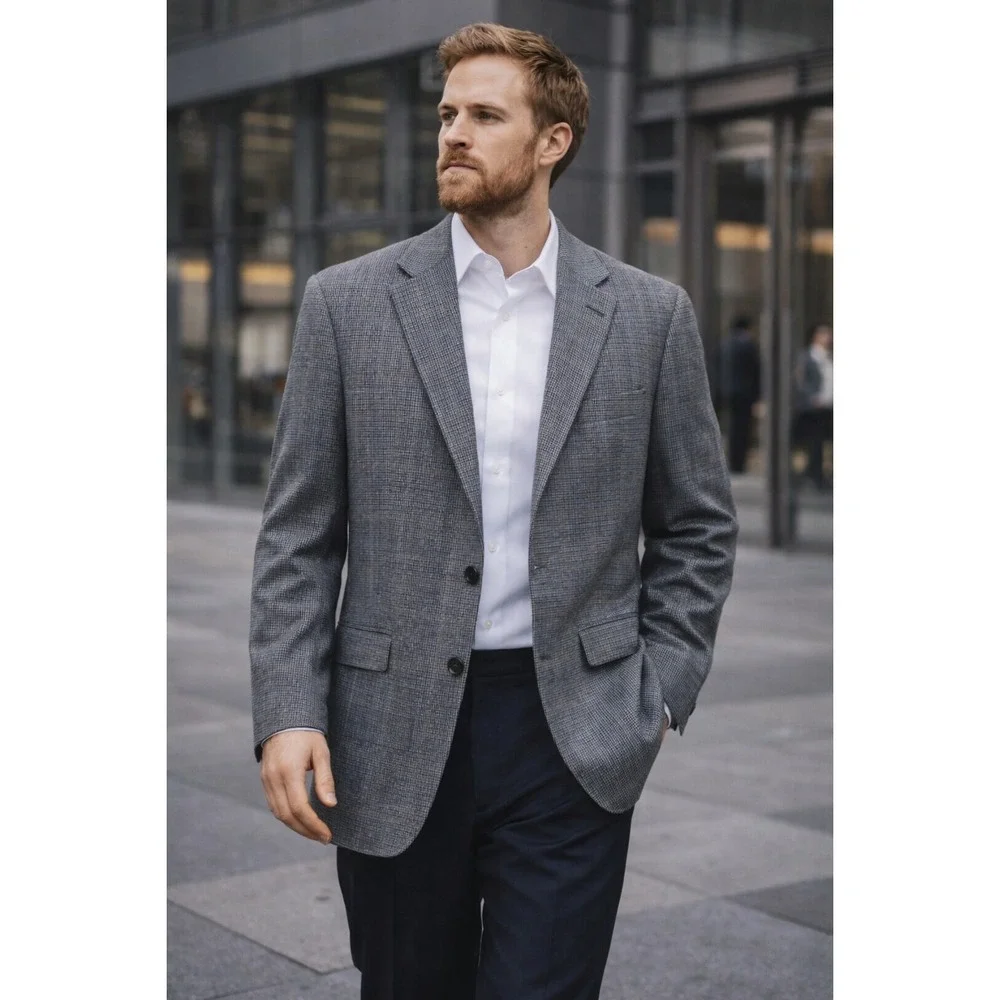 Ralph‎ Lauren Silk Wool Houndstooth Blazer Sport Coat Gray 46R
